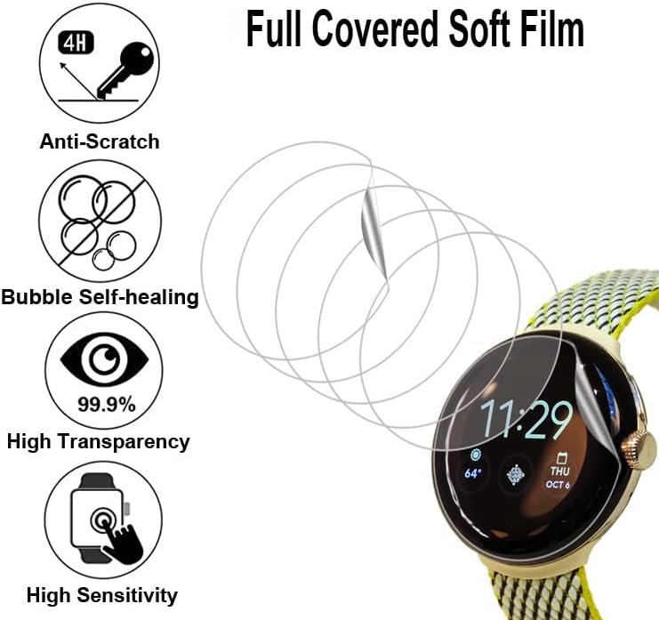 מגן מסך רך SMAATE התואם ל- Google Pixel Watch 2022 LTE או WiFi, עגול, 6 חבילות, ריפוי עצמי בועה