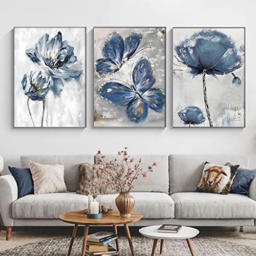 פרח כחול יצירות אמנות פרפר קיר קיר קיר תמונות כחול ואפור תקציר הדפסי אמנות פרחונית צמח כחול צמח כחול וזהב פוסטר קיר קיר