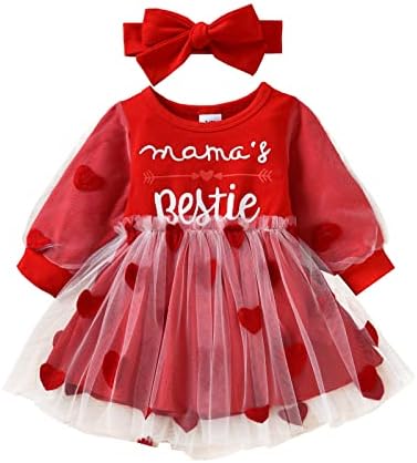 תינוקת תינוקת של ולנטיין תלבושות בגדים שרוול ארוך הדפס לב שמלות נסיכה עם סרט בגימור