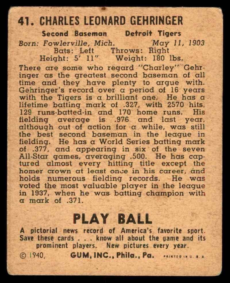 1940 משחק כדור 41 צ'רלי ג'רינגר דטרויט טייגרס VG Tigers