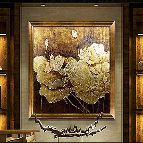 צביעת שמן מצוירת ביד מרקם זהב לוטוס - צמח פרחי רטרו ריבוע מודרני ביצירות אמנות בקיר בגודל גדול על ציור בד לסלון מסדרון