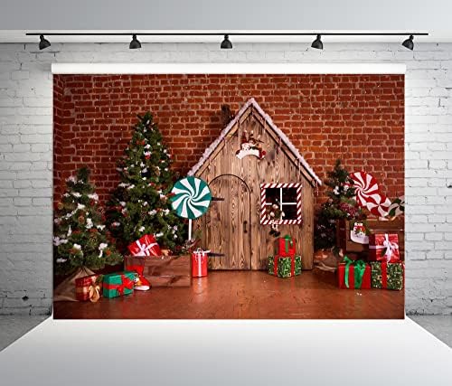 BELECO בד 9X6FT תפאורת חג מולד חג המולד לחג המולד חדר לבנים אדום עם בית עץ בקתת חג המולד מתנות עץ מתנות סוכריות רקע