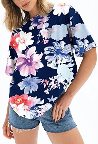 2023 נשים קיץ חולצות פרח זרוק כתף טיז למעלה קצר שרוול צווארון עגול חולצה חולצות צווארון עגול מזדמן טוניקת חולצה