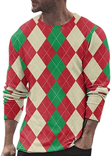 חולצות טריקו של שרוול ארוך של Wocachi לחג המולד לגברים, חג המולד 3D גיאומטרי הדפס גרפי דפוס צוואר צוואר צמרת טופ חולצת