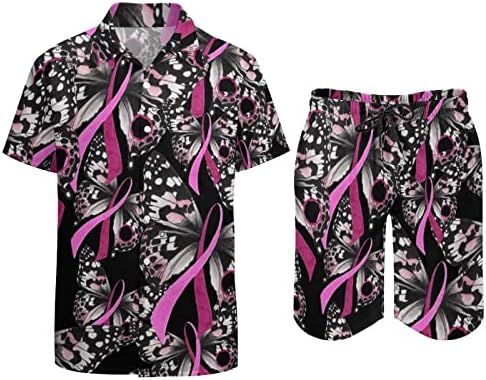 WEEDKEYCAT פרפר שד מודעות לסרטן שד תלבושות חוף לגברים 2 חלקים כפתור הוואי למטה סטים שרוול קצר