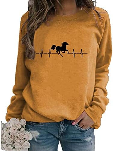 חולצות סוסים נשים שרוול ארוך צווארון סווטשירט צמרות רטרו רטרו ריצה סוס גרפי גרפי סוודר דפוס בעלי חיים חולצה