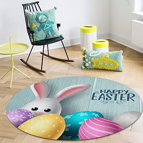 שטיח אזור עגול גדול לחדר שינה בסלון, שטיחים 3ft ללא החלקה לחדר ילדים, ארנבות חג הפסחא צבועות ביצים צבועות