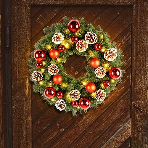 זרי דלת כניסה לחג המולד של לולו, זר מואר 15.7 אינץ 'עם כדורי חג מולד וקונוס אורן, סוללה מופעלת 40 LED מדליקה זרעי חג