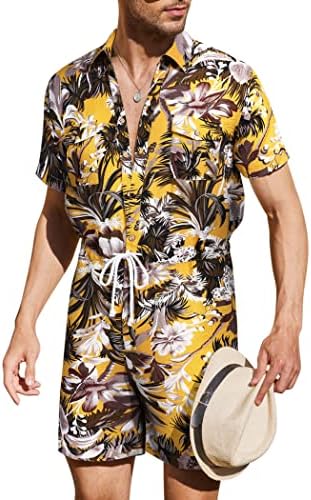 קואופנדי גברים הוואי רומפרים זכר שרוול קצר סרבל סרבל קז'ון כפתור למטה חולצה חתיכה אחת חולצות פרחוניות סטים עם כיסים