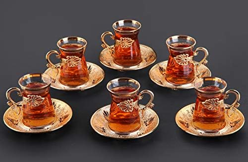 משקפי תה טורקיים Demmex המוצבים עם מחזיקים, צלוחיות, כפות, 24 חתיכות, 4 גרם.