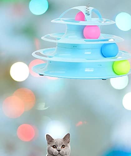 צלחת משחק חתולים AOOF, מקל חתולים מצחיק, לחתולי חיות מחמד לשחק עם פטיפון ארבע שכבות, נשלף לחתול כחול/ורוד/כחול לבן