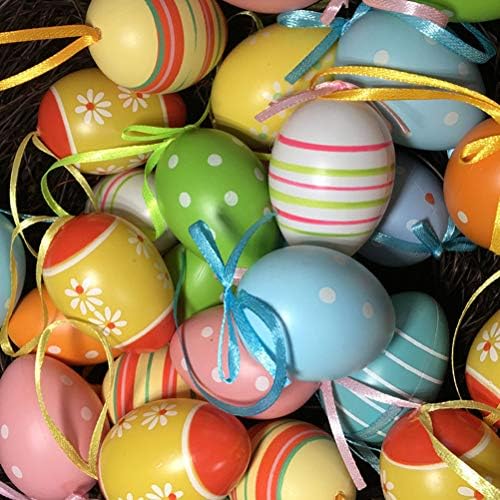 קישוטי פסחא של עמוספון לבית 12 יחידות ביצים דקורטיביות של חג הפסחא ביציות מודפסות ביציות צבעוניות תליית פסחא תלויה ביצים פלסטיק