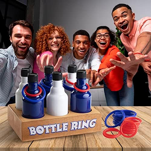 טבעת לזרוק בקבוק קרנבל משחק, 6 פלסטיק בקבוקי מטרות 24 לזרוק טבעות, עץ בסיס תיבה, נהדר עבור כל אירועים ואירועים, קיץ