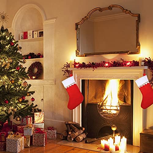 12 גרבי חג מולד אדומים של חג המולד, כריסטם אח גרביים שקיות מתנה ממתקים סנטה קלאוס קישוטי עץ חג המולד, אדום לבן קלאסי, קישוטים
