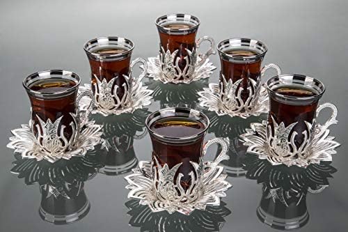 סט תה טורקי של Lamodahome/כוסות תה טורקיות של 6 עם מחזיקי כסף וצלוחיות - סט תה כוס וינטג