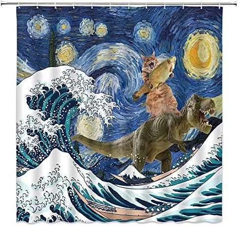וילון מקלחת חתולים מצחיק סירת אוקיינוס ​​יפן הר פוג'י רכיבה על דינוזאור חתלתול יפה דינו כוכב כוכב ואן גוך ארט הגל הגדול ציור
