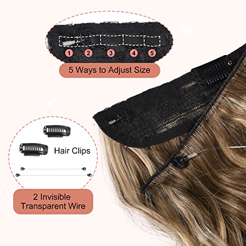 יוגפיט בלתי נראה חוט שיער הרחבות עם שקוף חוט מתכוונן גודל 2 מאובטח קליפים, קליפים ארוך סינטטי סוד נוכריות לנשים