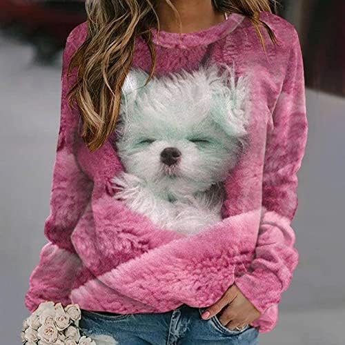 נשים חמות מטושטשות סוודר חמים 3D דפוס כלב דפוס צבע סווטשירט צבעי סווטשירט סווטרייר שרוול ארוך צוואר צווארון