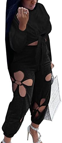 סקסי שתי חתיכה תלבושות עבור נשים-מוצק ארוך שרוול קשר יבול למעלה + אלסטי פרח חלול מכנסי טרנינג אימונית