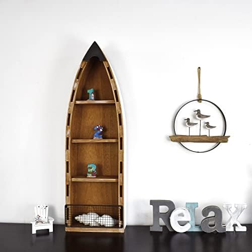 עיצוב סירות מעץ מעץ עם מדף עם קישוט עץ תלוי לקיר, כפרי ימי ימי חוף ספרים נושאים תצוגת קאנו חדר שינה חדר שינה בית אגם