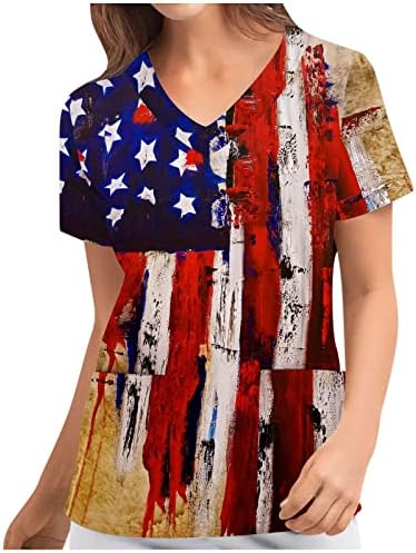 יום העצמאות צמרות עבודה נשים דגל אמריקאי חולצות כוכבות פסים שרוול קצר נ 'צוואר 4 יולי טי כיס טי