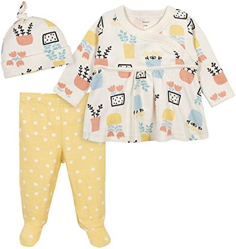 חולצת תינוקות גרבר בת 3 חלקים, מכנסיים רגליים ומערכת כובע, צהוב/שנהב, 0-3 חודשים