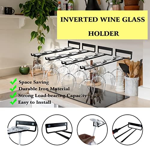 סט של 4 כלי תלייה של זכוכית יין, מחזיק זכוכית יין מתכתית תחת ארגון ואחסון ארונות לעיצוב בר מטבח