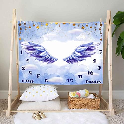 Kikidor Little Angel Wings Baby Milestone Milestone שמיכה כחולה בנות בנות כנפי מלאך רקע רקע שנה ראשונה לוח