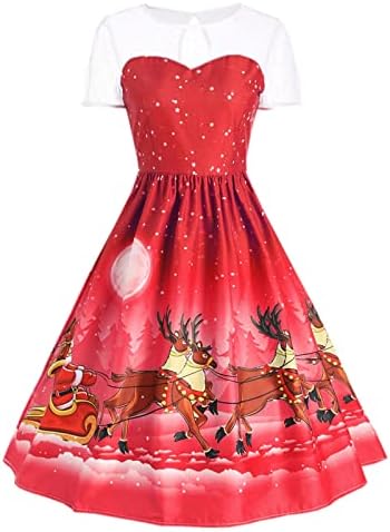 נשים של שמלת חג המולד הדפסת מקרית קוקטייל שמלה לנשף צוואר רשת צרופה קצר שרוול אונליין נדנדה מסיבת שמלות