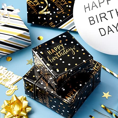 גליל נייר עטיפה הפיך ליום הולדת-כיתוב יום הולדת שמח ועיצוב פסים עם נייר כסף מתכתי בשחור-17 אינץ ' על 32.8 רגל