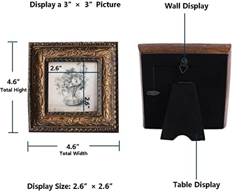 מסגרות תמונה וינטג 'של Sikoo 3 × 3 מסגרת תמונה מעוטרת עתיקה קטנה, מסגרות מיני זהב ברונזה, תצוגת שולחן עליונה והתקנת קיר