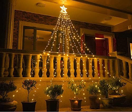 מפל אורות מיתרים לחג המולד עם 335 כוכב LED תלוי נצנוץ פיות אורות וילון לפטיו לחתונה מסיבה מקורה אורות זרימת מים דקורטיביים