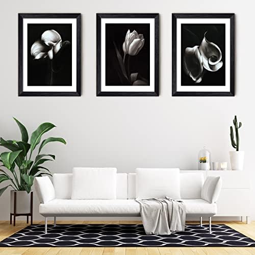 אמנות קיר ממוסגרת בשחור לבן לסלון 3 לוחות 12 x 16 אינץ 'תמונות פרחים לבנות תמונות קיר שחור קיר עיצוב חדר שינה עיצוב