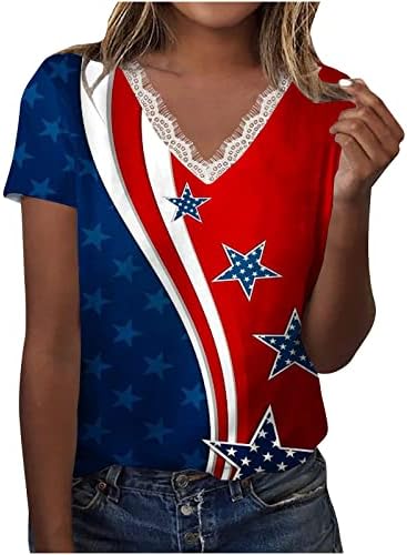 2023 נשים 4 ביולי צמרות דגל אמריקאי דגל מודפס תחרה תחרה V צוואר חולצות פטריוטיות חולצות רופפות מזדמנים חולצה
