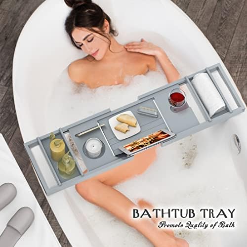 מגש קאדי אמבטיה לאמבטיה - מארגן מתכוונן במבוק למארגן לחדר אמבטיה עם צלחת סבון מתאים לספא יוקרתי או קריאה