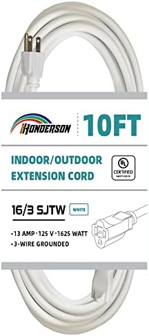 Honderson 10ft תוסף חיצוני כבל -16/3 SJTW כבל הארכה לבן עמיד עם 3 תקע מקורקע לבטיחות לבטיחות
