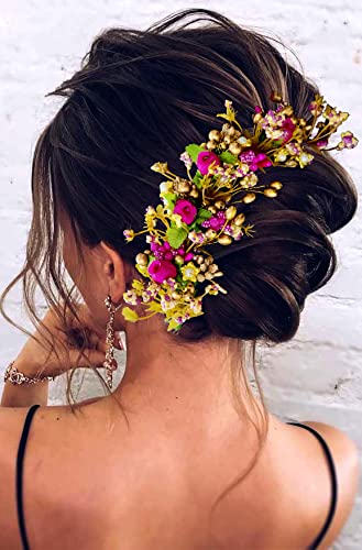 עלים פרחים פרחוניים הודיים ועיצוב פנינה עיצוב שיער סיכה/ קליפ שיער/ אביזרי שיער/ לחמניית יהודה לנשים/ בנות- 2300, ורוד כהה