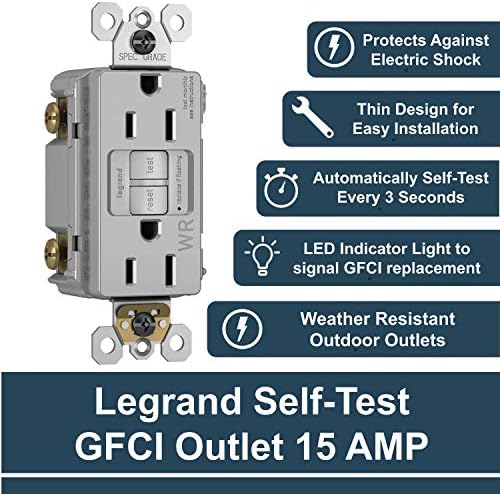 Legrand Radiant 15A, Outlet GFCI לבדיקה עצמית, בחוץ, עמיד בפני מזג אוויר, עמיד בפני חבלה, אפור