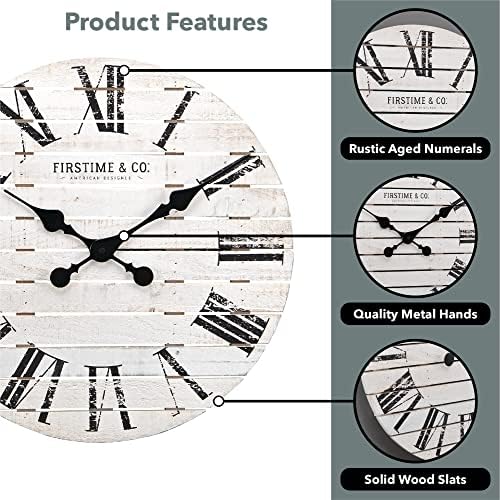Firstime & Co. White Farmhouse Shiplap Wall Clock, עיצוב וינטג 'גדול לסלון, משרד ביתי, עגול, עץ, בוהו, 18 אינץ'