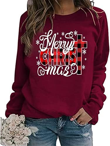 סווטשירט סווטשירט של חג שמח נשים ישו חוצה חולצה גרפית באפלו משובץ מודפס חג המולד סוודר סוודר סוודר שרוול ארוך