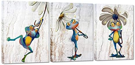 Zlove 3 חלקים חיות קיר קיר קיר קיר צפרדע מצחיקה עם מטריית פרחים ציור תמונה על בד לחדר שינה עיצוב חדר ילדים