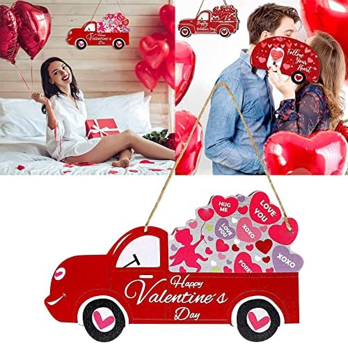 NSQFKLALL יום האהבה שלט משאית אדומה תליון דקורטיבי תליון ביתי קישוטי עץ קישוטי פעמון לבללנד למעטפת