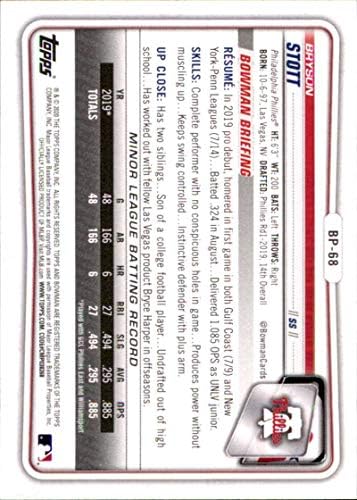 2020 פרוספקטים של באומן CAMO BP-68 BRYSON STOTT RC טירון פילדלפיה פיליס MLB כרטיס מסחר בייסבול
