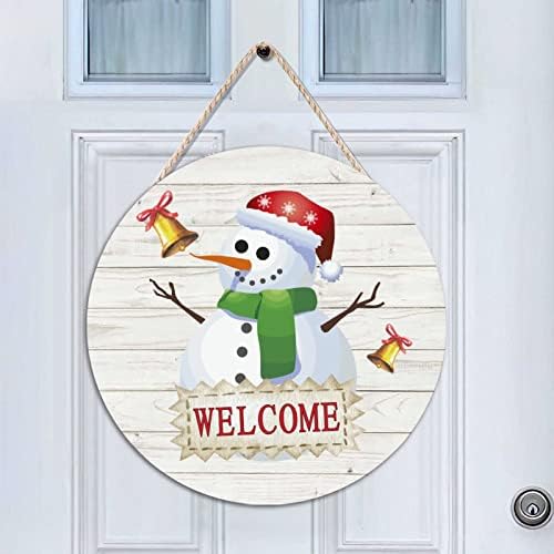 UTF4C איש שלג לחג המולד ברוך הבא שלט דלת עץ, דלת חג מולד שמח עגול עגול עץ ברוך הבא, 16x16in איש שלג קיר ברוך הבא תליית
