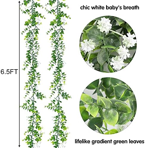 Punarty 2 חבילה 6.5ft זרי פרחים, גרלנד אקליפטוס מלאכותית עם תינוקות לבנים לבנים נשימה, זר ירוק לקישוט המסיבות