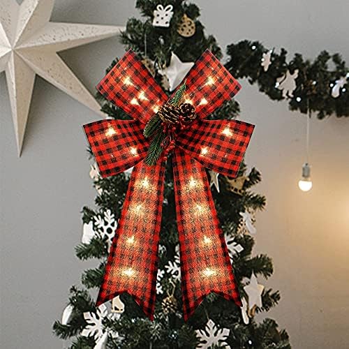 עצים מאושרים עץ חג המולד טופר קשת עם טיימר נורות LED, נבדק אדום שחור שחור משובץ קשתות דקורטיביות עבור קישוטי מסיבת