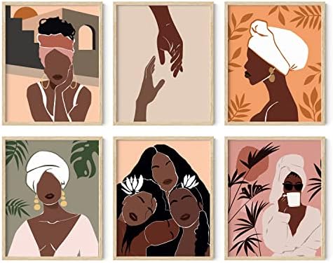 האוס וגוונים אמנות קיר אישה שחורה-סט של 6 עיצוב קיר ילדה שחורה, ציורי ילדה שחורה לקיר, פוסטרים של ילדה שחורה, נשים