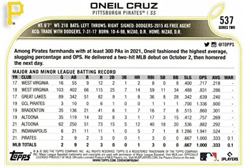 2022 טופס בייסבול 537 כרטיס טירון של Oneil Cruz