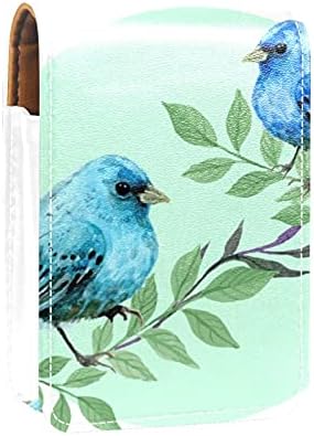 כחול ציפורים דפוס קטן שפתון מקרה עם מראה עבור ארנק, עמיד עור קוסמטי איפור מחזיק, נייד נסיעות קוסמטי ערכת אחסון