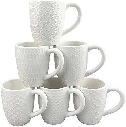 ספלי קפה קרמיקה לבנה שללירס סט של 6, כוסות קפה מובלטות מסוגננות מוגדרות עם דפוסים שונים, לקפה, תה, חלב, קקאו, דגני